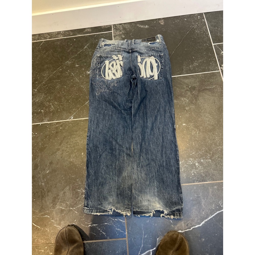 Straye Baggy Fit Jeans Mens 30 Medium Wash Embroidered Y2K Streetwear Wide Leg